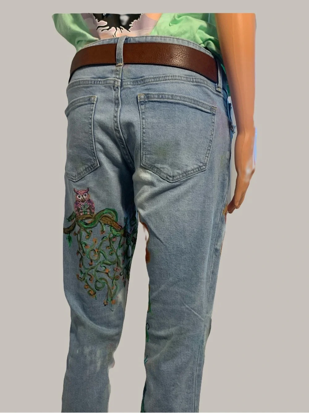 Hand-Painted Floral Light Wash Women's Jeans - Pink & Orange Accents - Picture 9 of 12